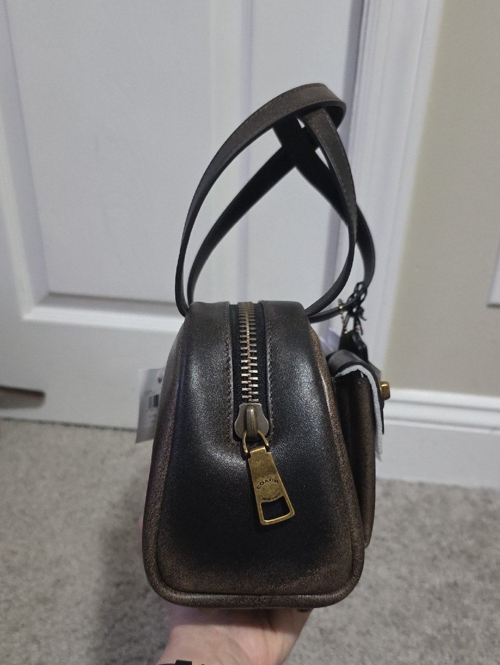 Coach Twin Turnlock 20 Loved Leather Brown and Black Brass Hand Bag - Picture 3 of 16